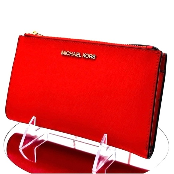 Michael Kors Large Double Zip Wallet Wristlet Red/Gold - Picture 1 of 9